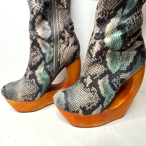 Jeffrey Campbell Rockferry Boots Size 7 Blue Snakeskin Brown Platform Knee High - Picture 3 of 17